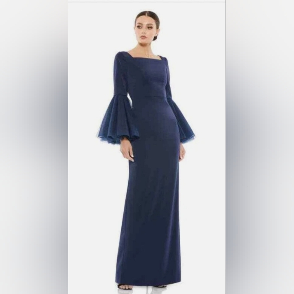Mac Douggal 11233 Elegant Flounced Sleeve Navy Blue Square Neck Column Gown Plus